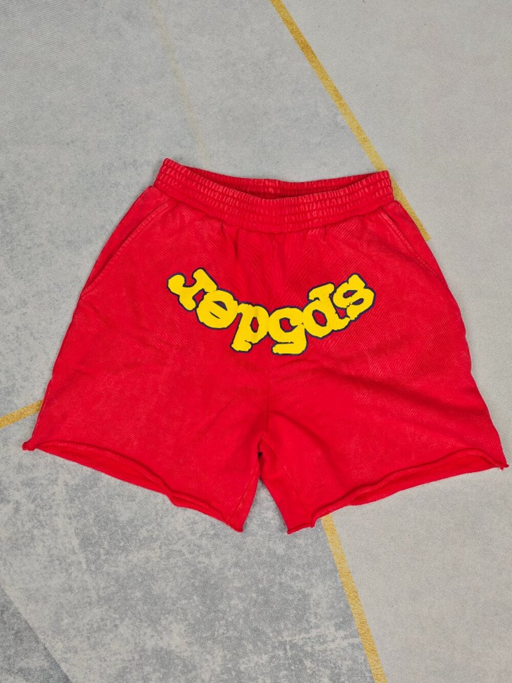 Sp5der Red Washed Graphic Raw Hem Cotton Shorts